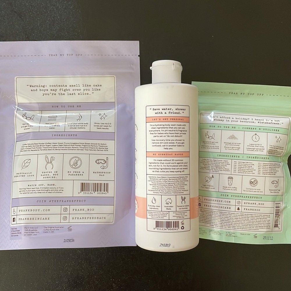 Frank Body Bath Set: body wash, cacao body scrub, coconut body scrub. New! - Picture 2 of 2